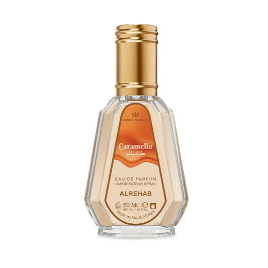 Al Rehab Caramello 50ml EDP bottle and package Eau de Parfum bottle with gold cap on a white background