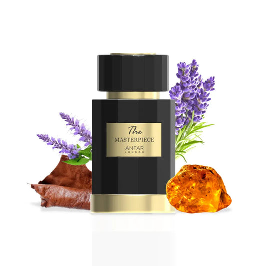 Perfume bottle labeled 'The Masterpiece' by ANFAR with lavender and amber on a white background