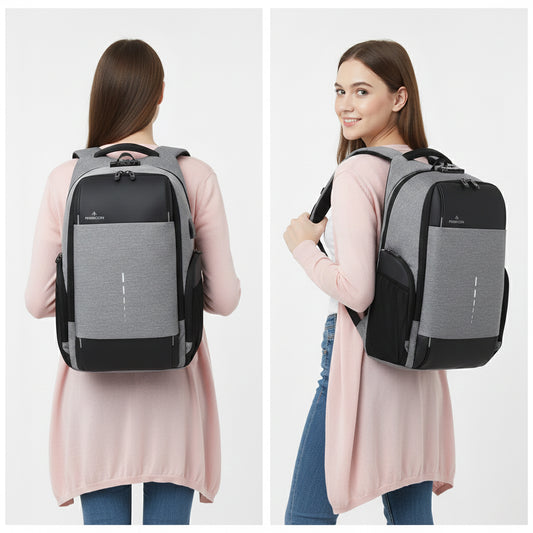 Woman wearing a gray and black best travel laptop backpack multi-functional from different angles on a white background
