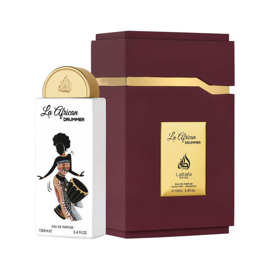 Lattafa Pride La African Drummer perfume packaging with a maroon box and white bottle.