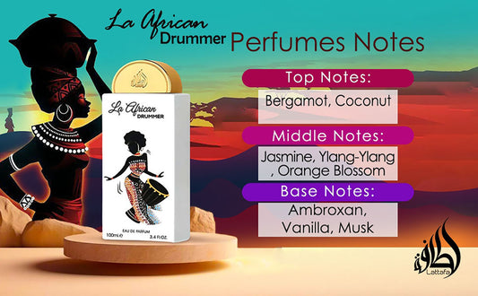 La African Drummer perfume packaging with product details and fragrance notes on a colorful background