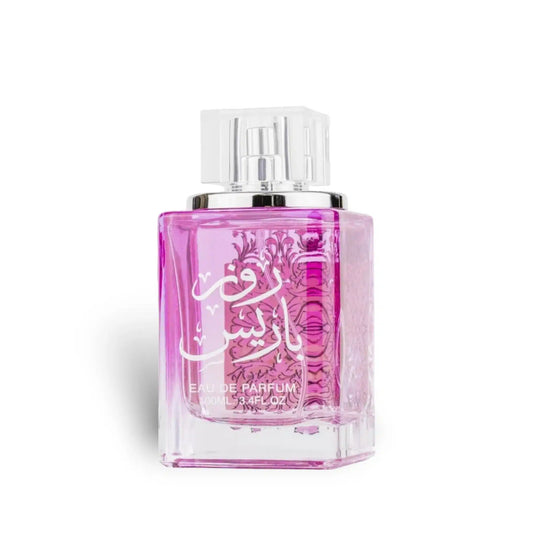 Rose Paris 100ml EDP by Ard Al Zaafaran Pink perfume bottle with silver cap on a white background