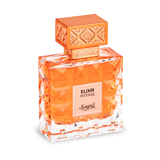 Perfume bottle labeled 'Elixir Intense' by Sapil on a white background