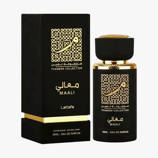 Black and gold Latafa Maali perfume bottle and packaging on a white background