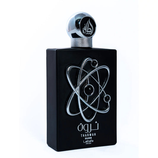 Tharwah Silver 100ml EDP by Lattafa Pride bottle angled view
