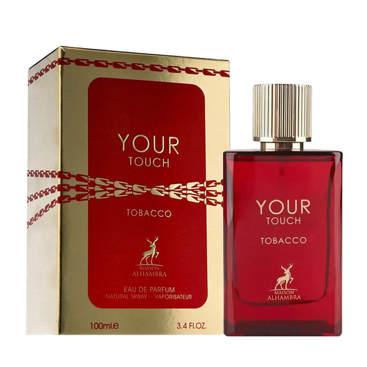 Red 'Your Touch Tobacco' perfume bottle and packaging on a white background