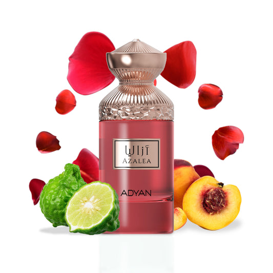 Adyan Azalea perfume bottle with rose petals, bergamot and peach styling