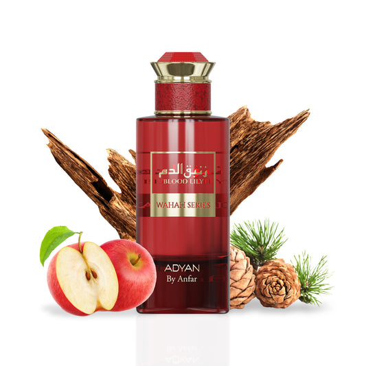 Adyan Blood Lily red perfume bottle with apple and wood styling