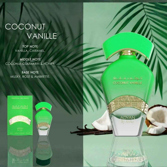 Adyan Coconut Vanille Tropical Delights perfume by Anfar with coconut and vanilla notes, showing fragrance notes including vanilla, caramel, coconut, honey and musk with tropical palm background.