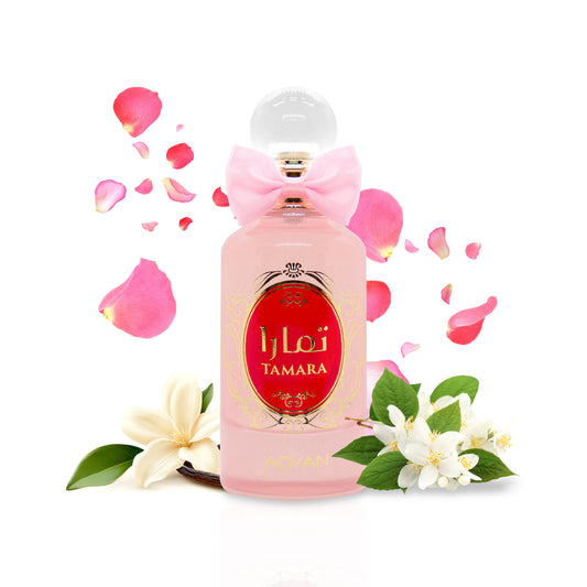 Adyan Tamara perfume bottle with rose petals and floral styling