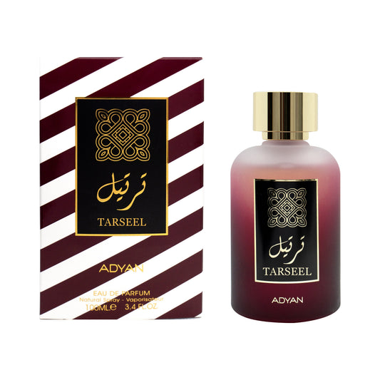 Adyan Tarseel 100ml Eau de Parfum bottle and striped presentation box