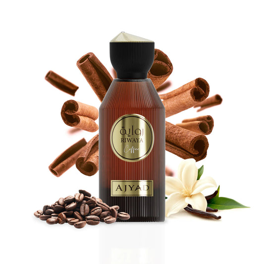Ajyad Riwaya Coffee perfume bottle with coffee beans, cinnamon and vanilla styling