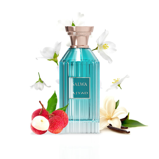 Ajyad Salwa perfume bottle with lychee and floral styling