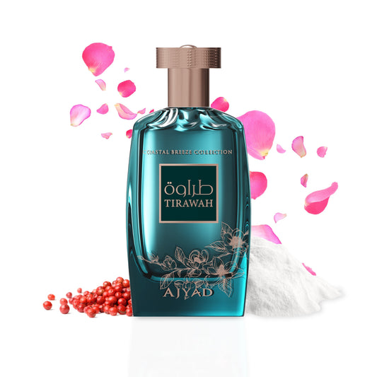 Ajyad Tirawah turquoise perfume bottle with rose petals and pink pepper styling