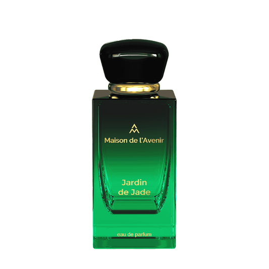 Maison de l’Avenir Jardin de Jade eau de parfum bottle with emerald green gradient glass and black cap, showcasing a luxury niche fragrance design.