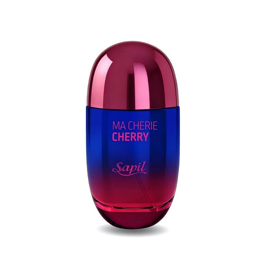 Sapil Ma Cherie Cherry Eau De Parfum perfume bottle with blue and pink gradient design on white background