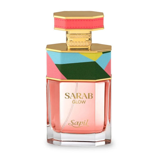 Sapil Sarab Glow Eau De Parfum coral pink perfume bottle with colorful geometric cap design luxury fragrance by Sapil.