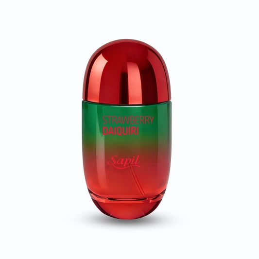 Sapil Strawberry Daiquiri Eau De Parfum perfume bottle with red and green gradient design and metallic red cap on white background