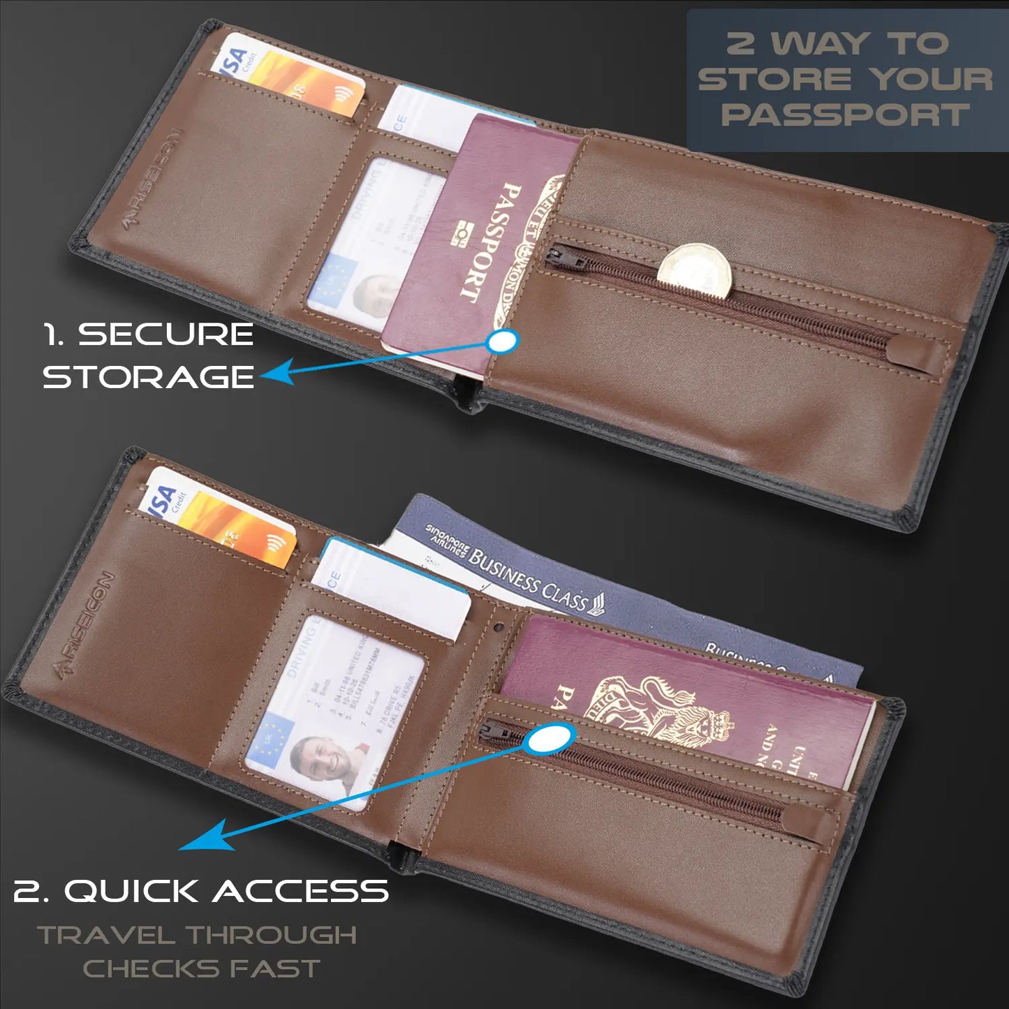 Riseicon® Legacy Travel Passport Wallet Document Organiser - Luxury Leather - Black/Brown