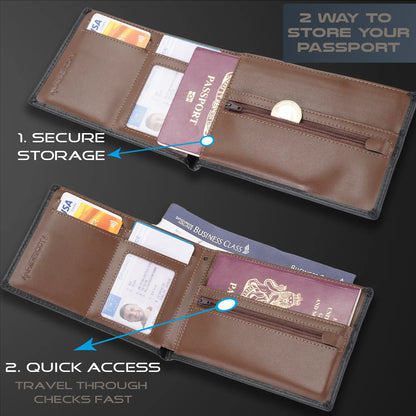 Riseicon® Legacy Travel Passport Wallet Document Organiser - Luxury Leather - Black/Brown