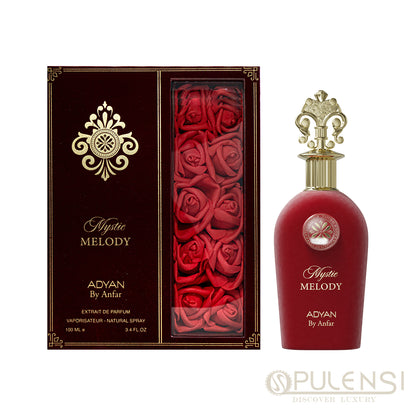 Adyan by Anfar Mystic Melody perfume bottle and packaging with red roses.