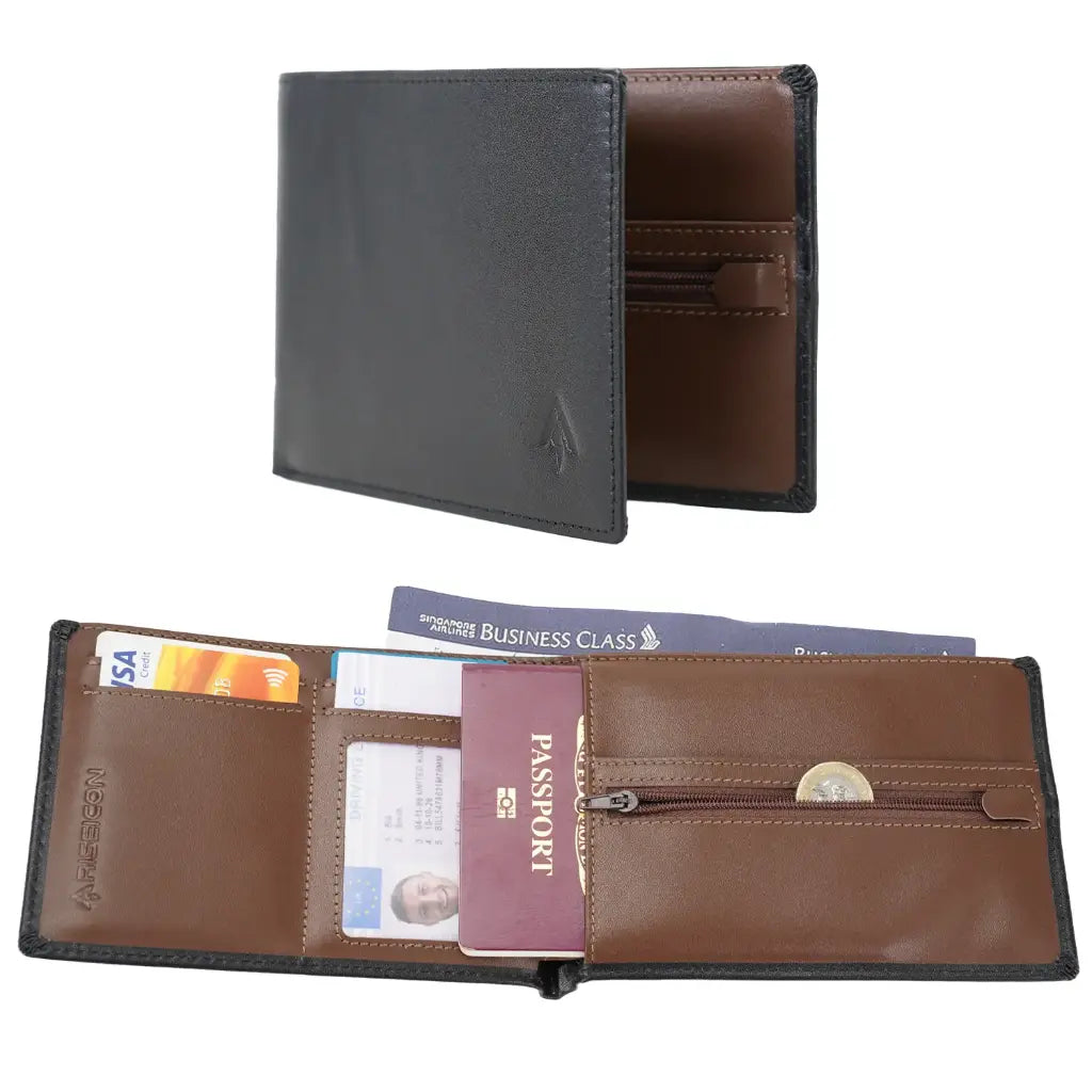 Riseicon® Legacy Travel Passport Wallet Document Organiser - Luxury Leather - Black/Brown