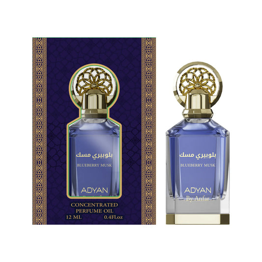 ADYAN Blueberry Musk Concentrated Perfume Oil 12ml bottle shown next to its dark purple patterned box. The bottle has a faceted blue glass body, a gold cap, and gold lettering.