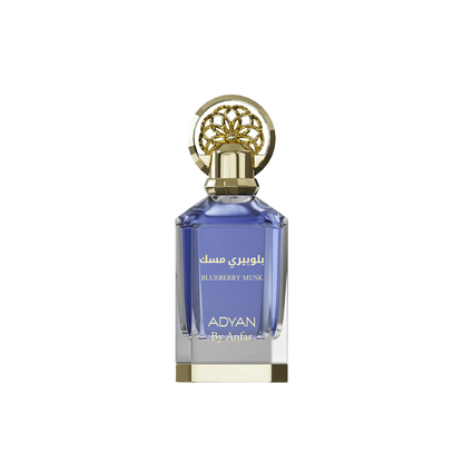 A bottle of ADVAN By Andre Blueberry Musk perfume, featuring a blue glass bottle with a gold cap and gold lettering, centered on a plain white background.