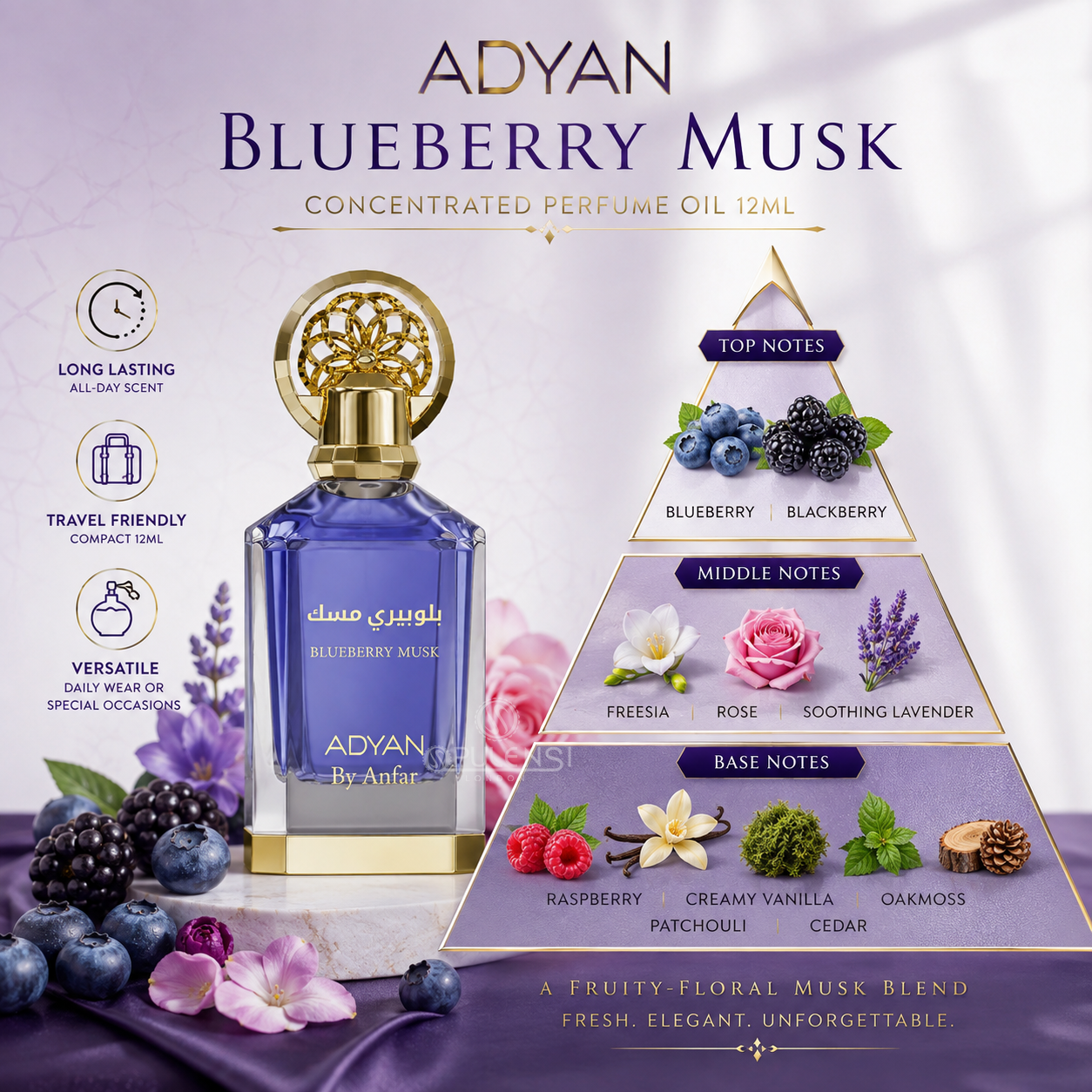A perfume oil bottle labeled ADYAN Blueberry Musk stands on a white surface against a soft purple background with berry and floral graphics. The bottle is cobalt blue with a gold cap and base, and a large pyramid diagram shows the fragrance notes: top notes blueberry and blackberry, middle notes fresia, rose, and soothing lavender, and base notes raspberry, creamy vanilla, cedar, and oakmoss.