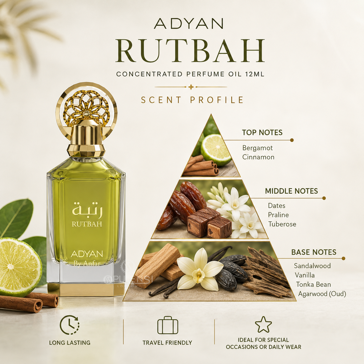 A bottle of Adyan Rutbah concentrated perfume oil is shown beside a scent profile pyramid with ingredients and listed notes: Bergamot, Cinnamon, Dates, Praline, Tuberose, Sandalwood, Vanilla, Tonka Bean, and Agarwood. The background is a warm beige with decorative botanical elements.