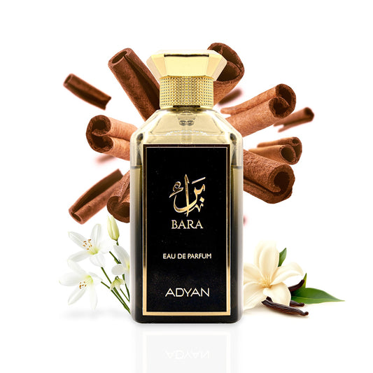 Adyan Bara EDP 100ml bottle with cinnamon and vanilla ingredients