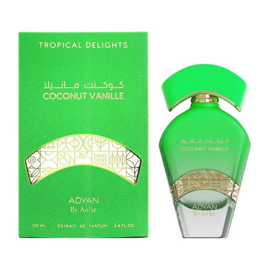 Adyan Coconut Vanille Tropical Delights perfume by Anfar with green bottle and packaging, a coconut and vanilla fragrance extrait de parfum 100ml.