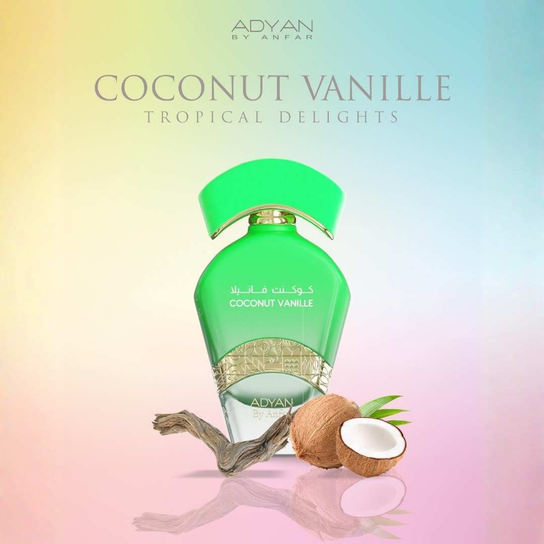 Adyan Coconut Vanille Tropical Delights perfume by Anfar featuring green bottle with coconut and vanilla notes, tropical coconut vanilla fragrance.