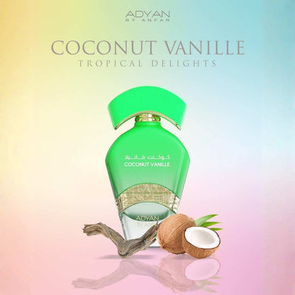 Adyan Coconut Vanille Tropical Delights perfume by Anfar featuring green bottle with coconut and vanilla notes, tropical coconut vanilla fragrance.