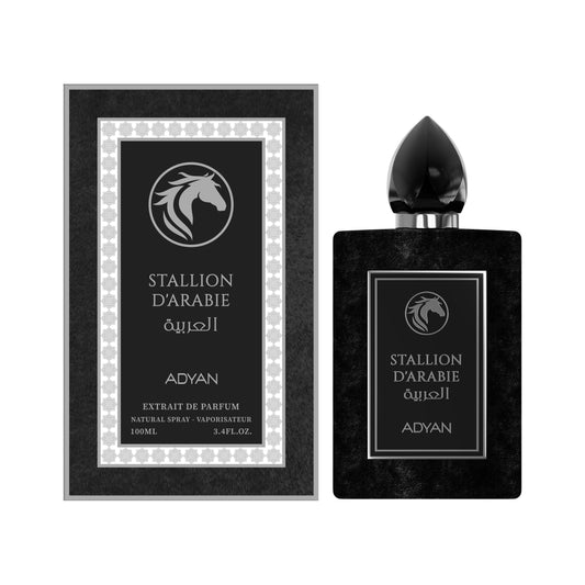 Stallion d'Arabie Adyan perfume bottle and packaging on a white background