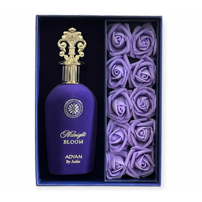 Adyan Midnight Bloom Extrait De Parfum 100ml open box with purple roses