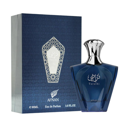Afnan Turathi Blue Eau de Parfum Spray for Men 90ml perfume bottle and box front view