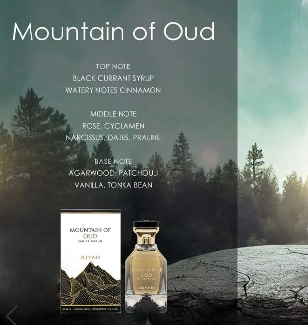 Mountain of Oud perfume bottle and box shown against a moody forest and cracked-road background, with scent notes printed on the image. Visible brand: AJAYD.
