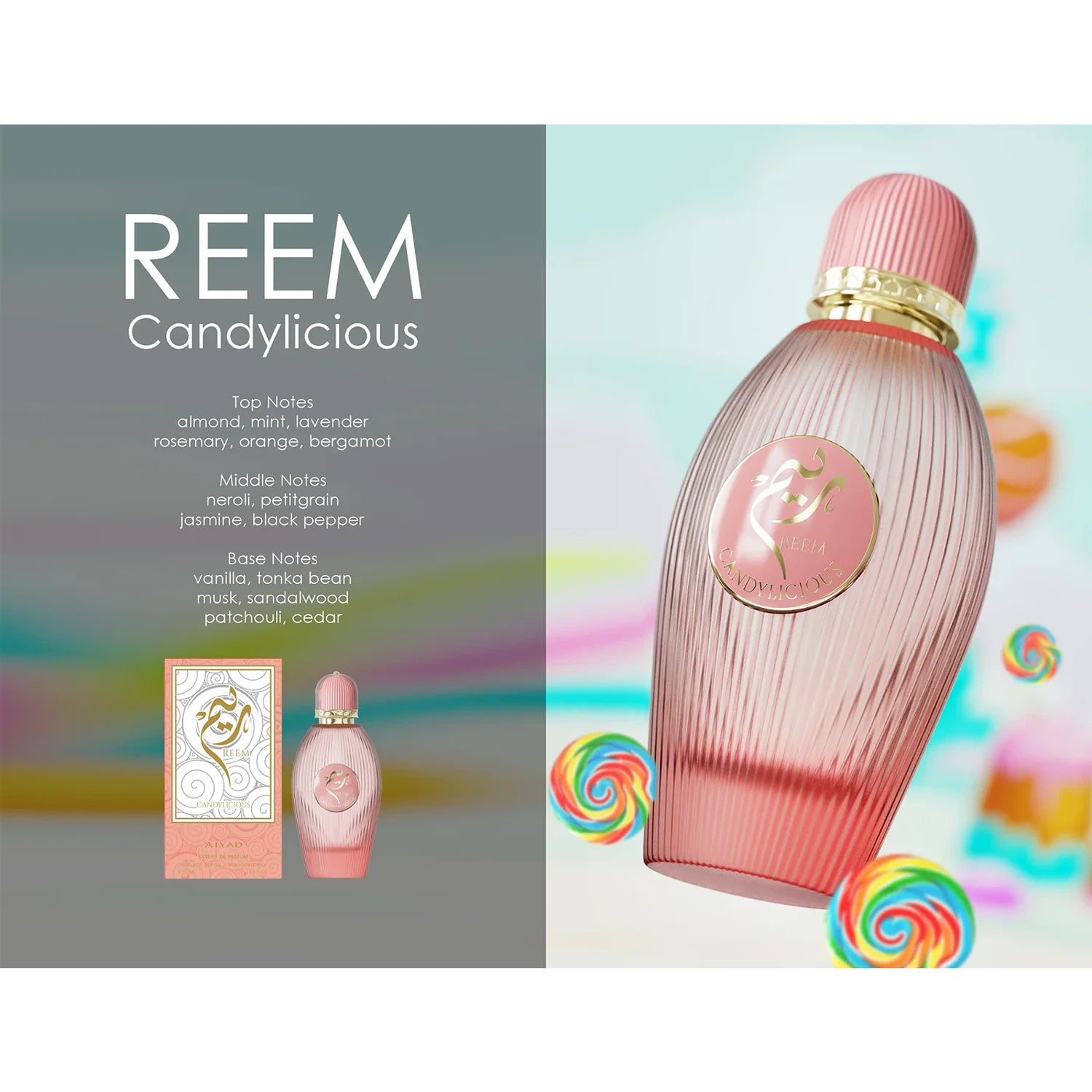 Ajyad Reem Candylicious 100ml EDP with scent card and candy props