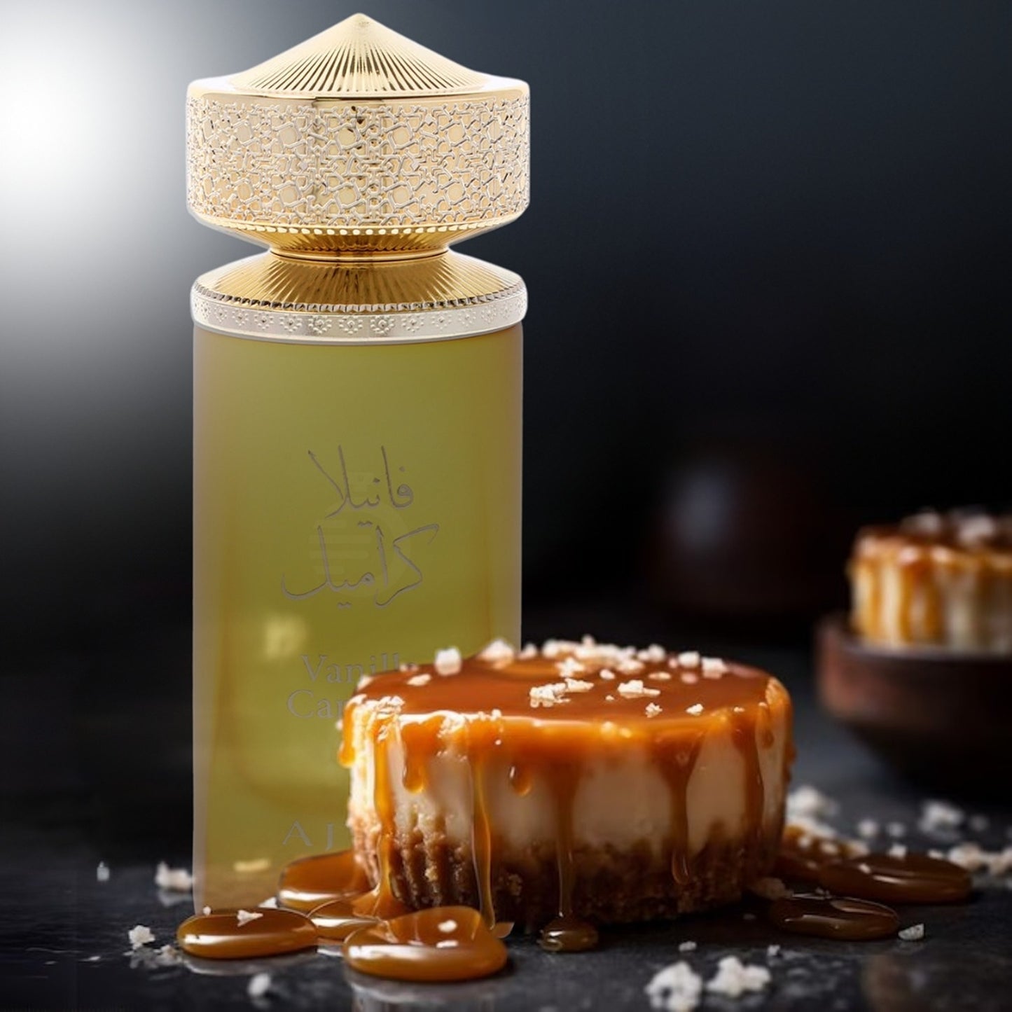 Ajyad Vanilla Caramel 100ml EDP bottle in golden spotlight