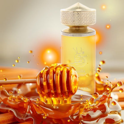 Ajyad Vanilla Caramel 100ml EDP bottle with caramel sauce and dessert