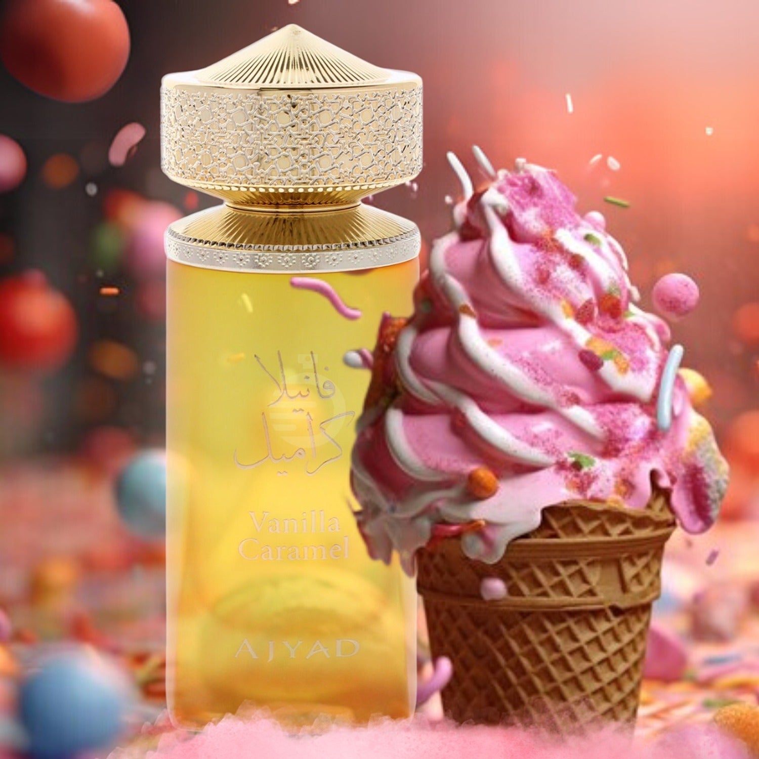 Ajyad Vanilla Caramel 100ml EDP with tropical fruits and gold cap