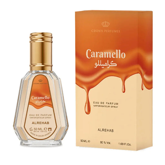 Al Rehab Caramello 50ml EDP bottle and package perfume bottle and packaging with 'Crown Perfumes' branding.