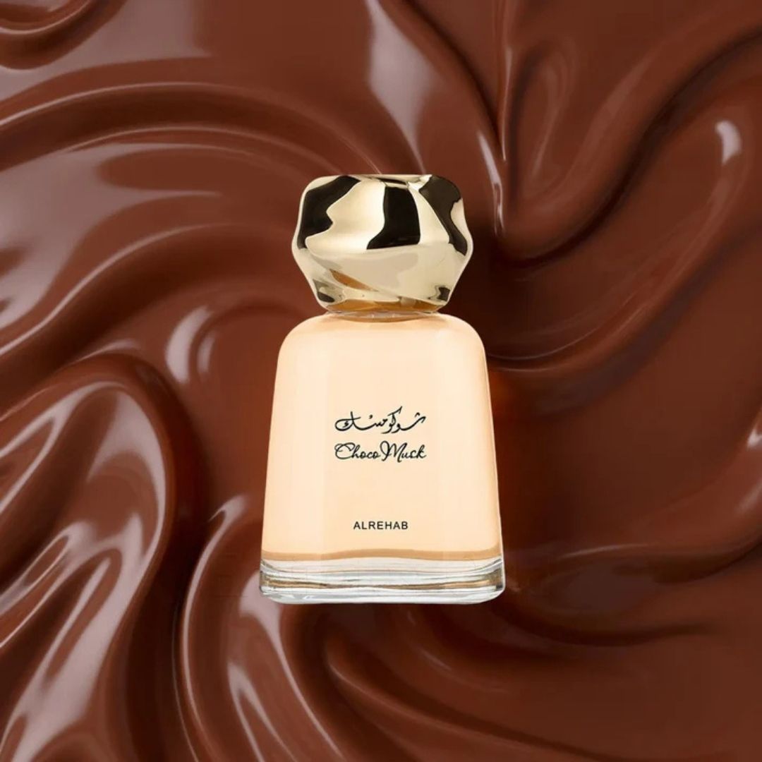Al Rehab Choco Musk Unisex Eau De Parfum 100ml bottle on swirling chocolate background