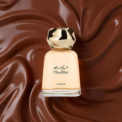 Al Rehab Choco Musk Unisex Eau De Parfum 100ml bottle on swirling chocolate background