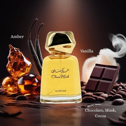 Al Rehab Choco Musk Unisex Eau De Parfum 100ml bottle with amber and vanilla background