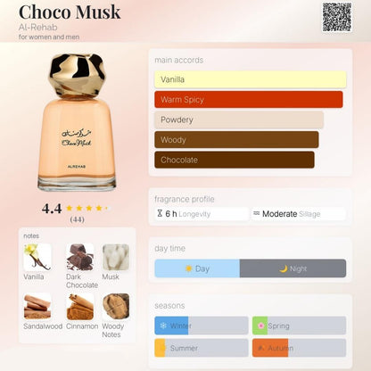 Al Rehab Choco Musk Unisex Eau De Parfum 100ml fragrance chart with accords and notes