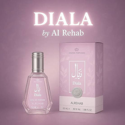 Al Rehab Diala 50ml EDP Spray perfume with purple backdrop