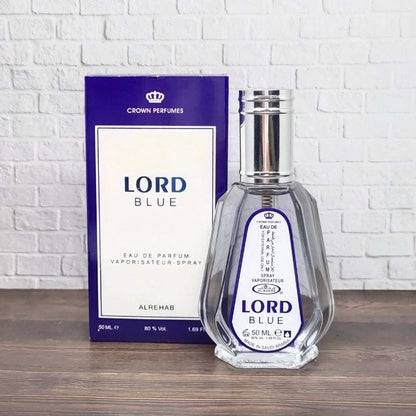 Al Rehab Lord Blue Eau De Parfum 50ml For Men perfume bottle and box on wooden table