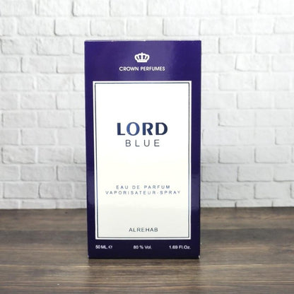 Al Rehab Lord Blue Eau De Parfum 50ml For Men perfume box on wooden table